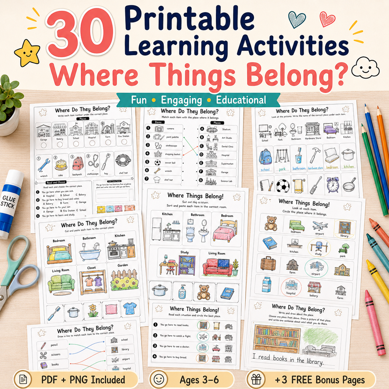 Where Things Belong! – 30 Fun Printable Activities for Kids Ages 3–6 | PDF + PNG Bundle + 3 FREE Bonus Pages
