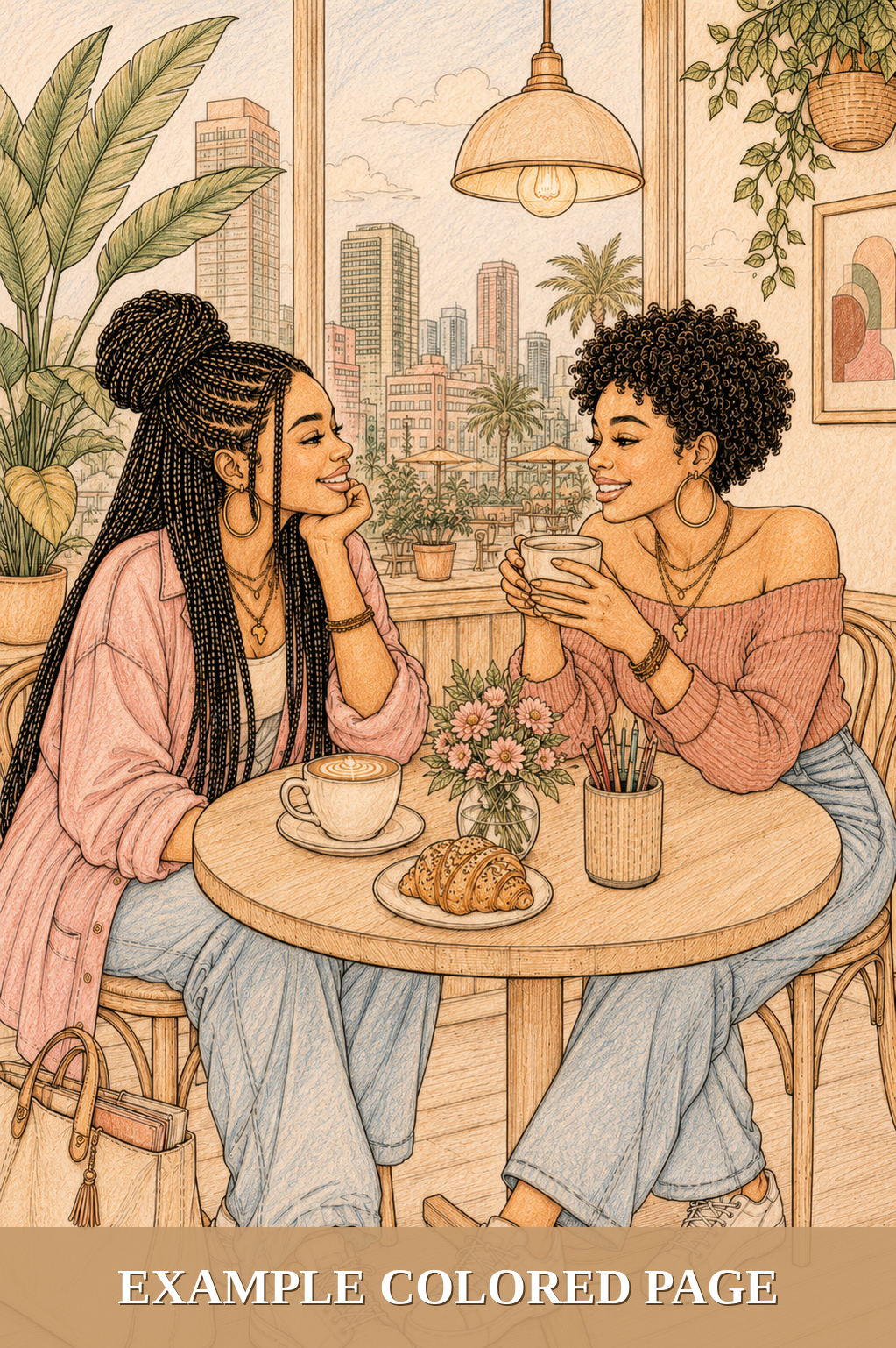 Example of a hand-colored Afro Vibes coloring page showing two Black women with braids and curly hair enjoying coffee at a café table with city skyline view