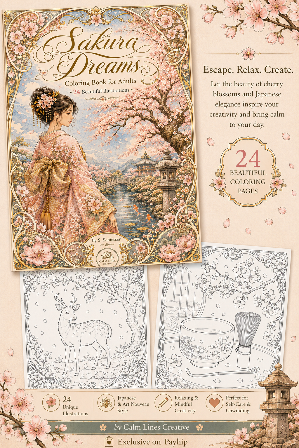 Sakura Dreams coloring book mockup with sample pages, 24 Japanese Art Nouveau designs