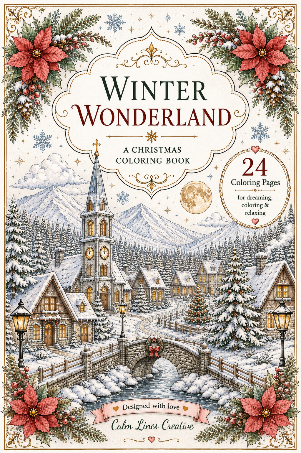 Winter Wonderland Christmas coloring book cover - 24 page printable adult coloring book with snowy village and church