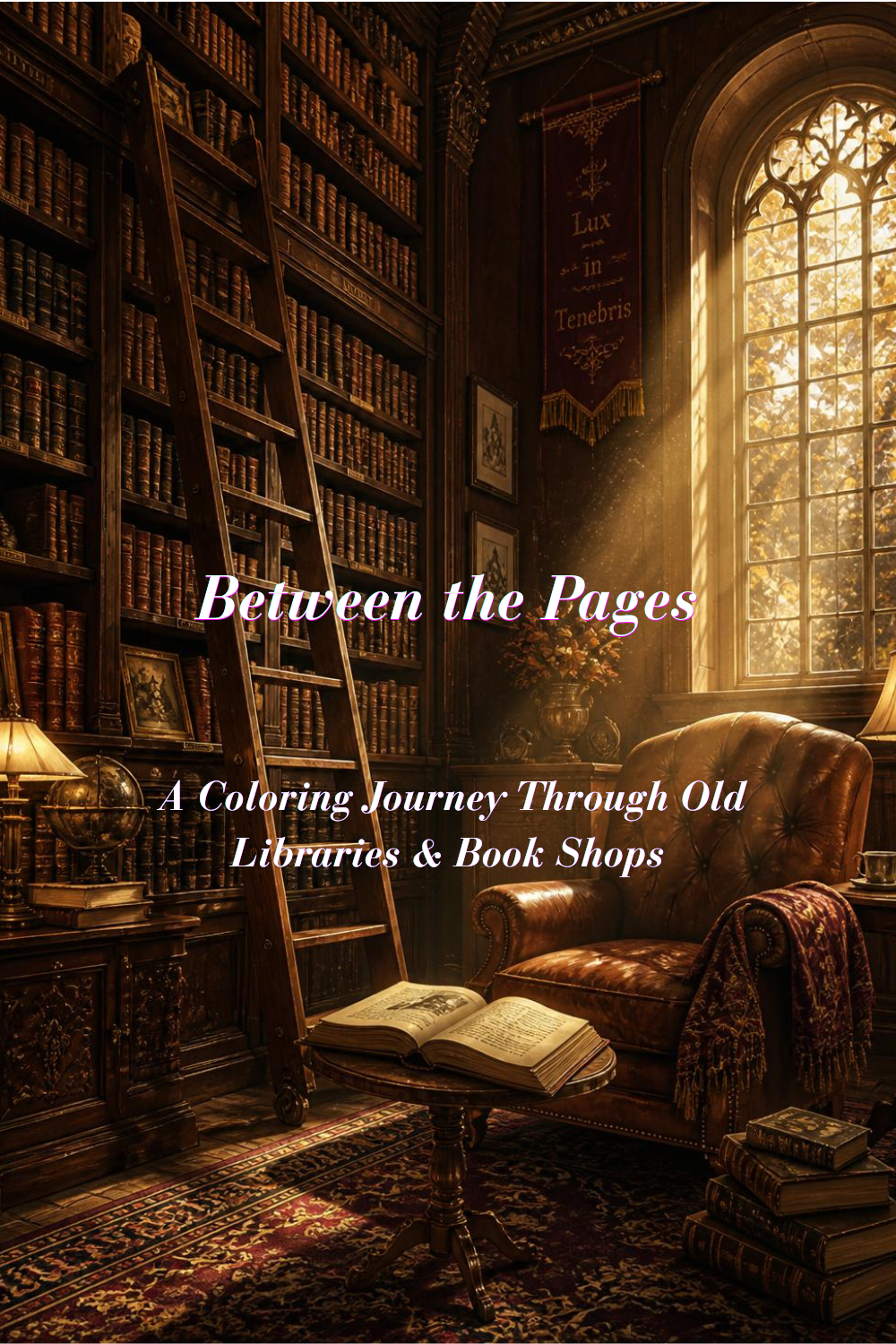 Coloring book cover for "Between the Pages: A Coloring Journey Through Old Libraries & Book Shops" featuring a cozy vintage library interior with tall wooden bookshelves, a rolling ladder, a leather armchair, and warm sunlight streaming through a large ar