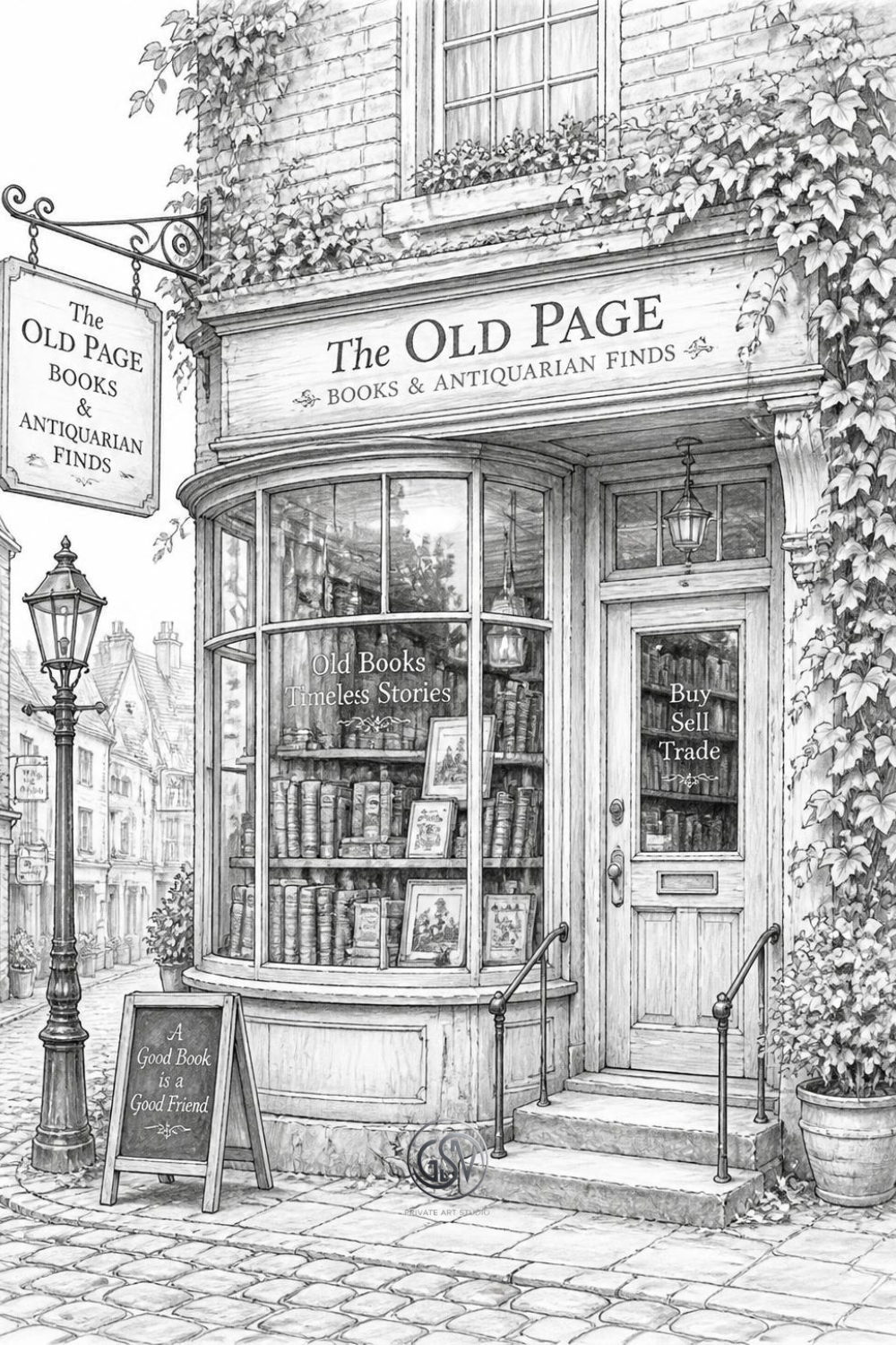 Antique bookshop storefront coloring page with bay window display and hanging sign
