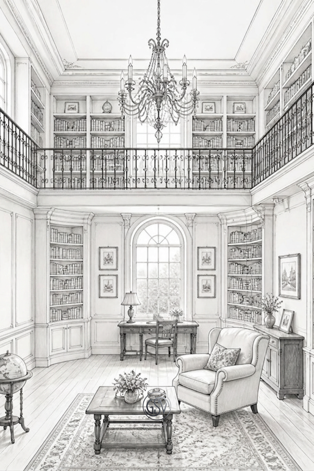Coloring page "Library with two-tiered bookshelves".