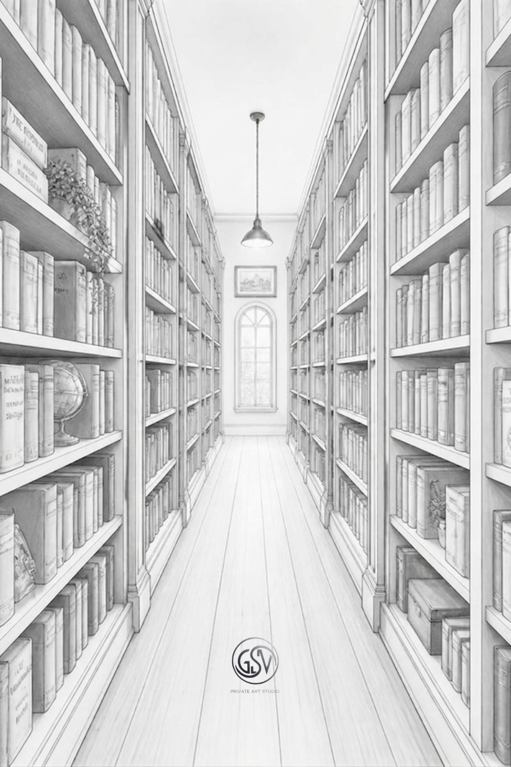 Bookshelf corridor coloring page with long narrow library aisle