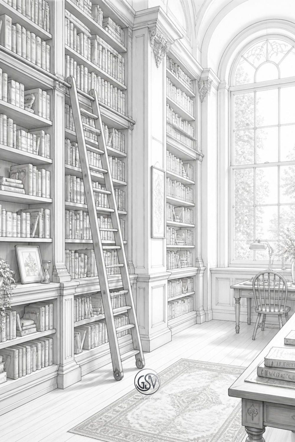 Library bookshelf coloring page with rolling ladder and tall wooden shelves