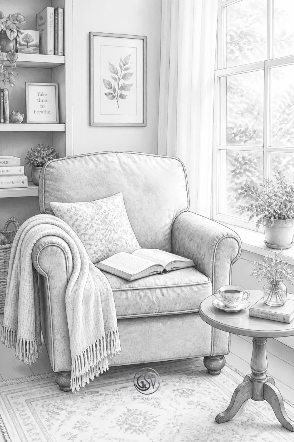 Cozy reading nook coloring page with armchair by the window
