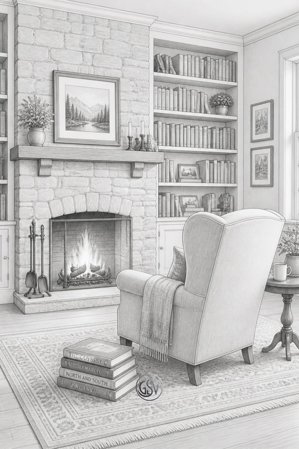 Fireside reading room coloring page with fireplace and armchair