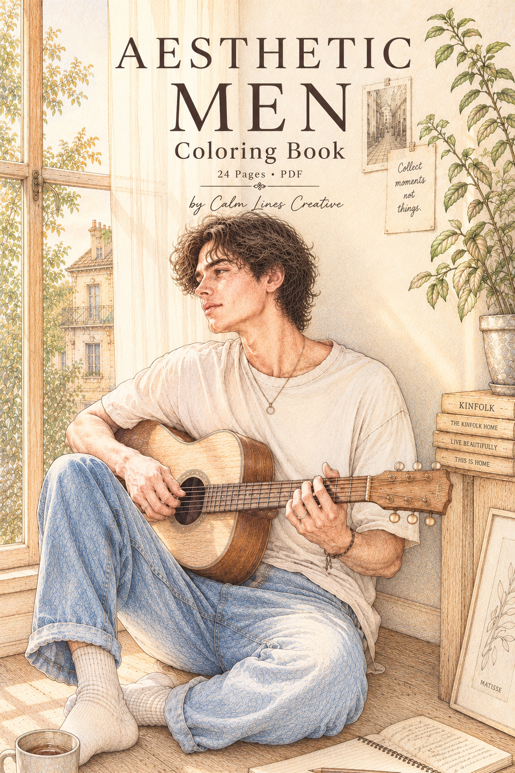 Aesthetic Men coloring book cover - man playing guitar by a window, colored illustration