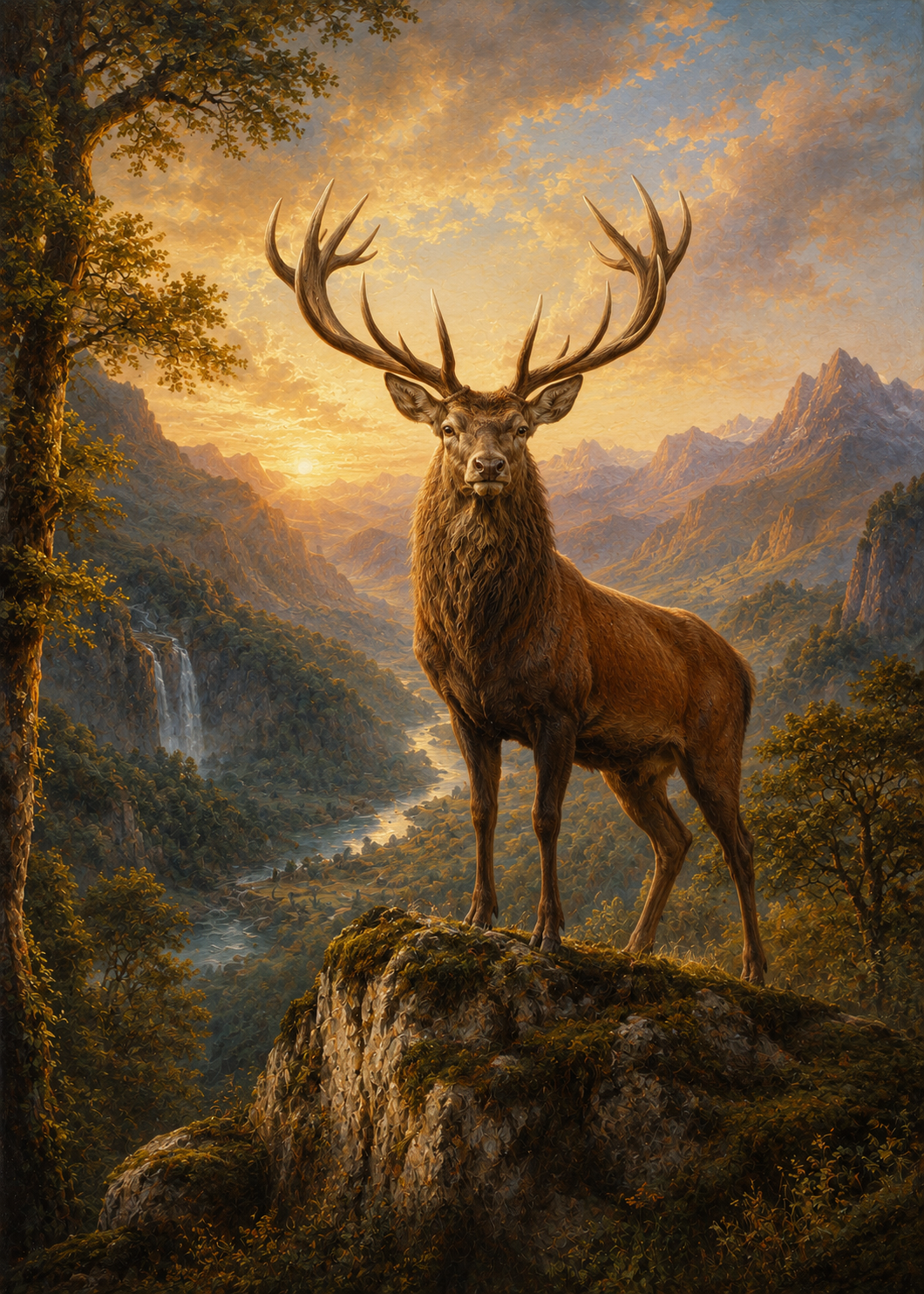 Majestic red stag standing on a moss-covered rock overlooking a peaceful mountain valley at sunrise, printable wildlife landscape wall art.