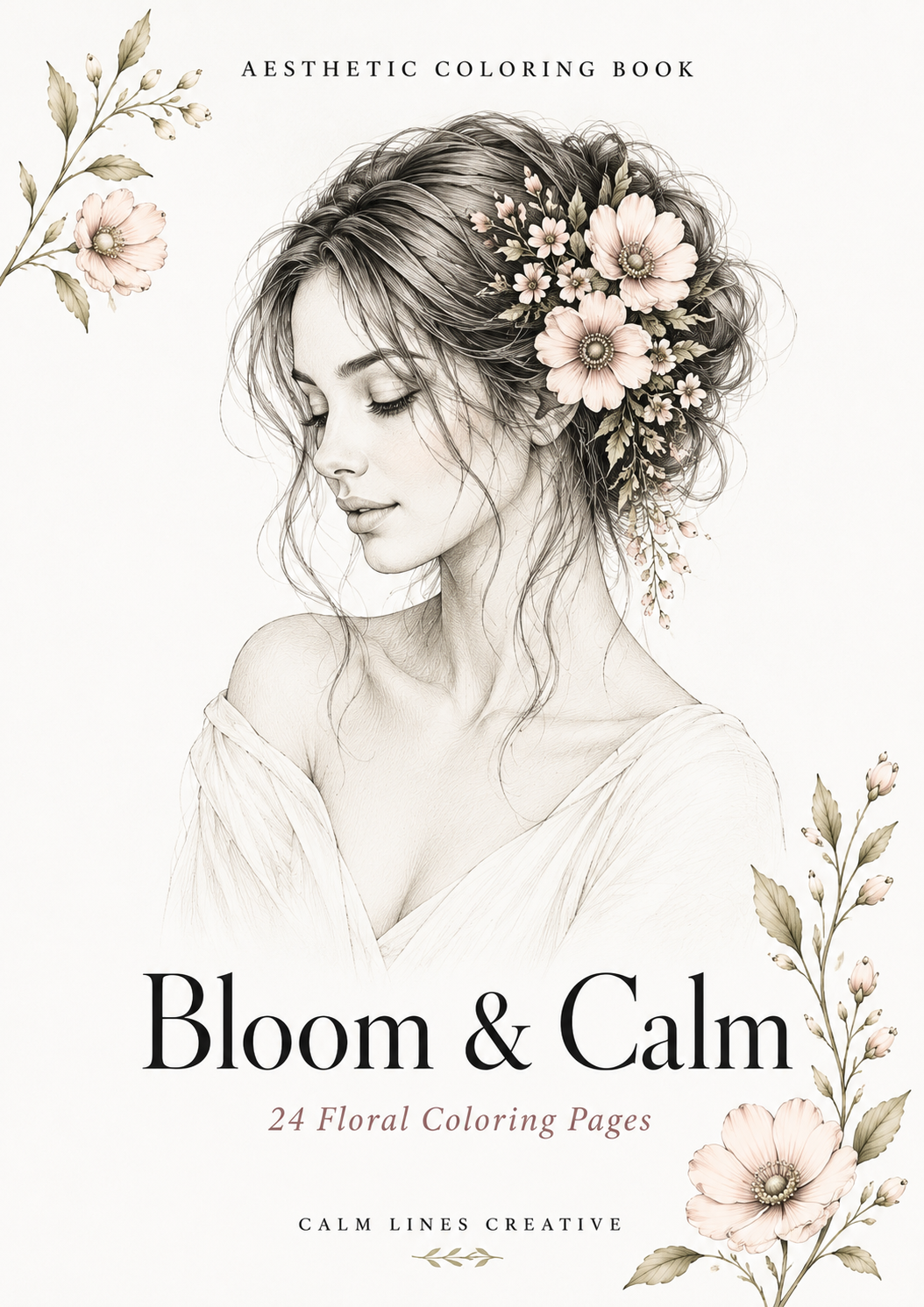 Bloom & Calm floral coloring book cover featuring an elegant woman with flowers in her hair and delicate botanical artwork. Printable PDF for adults and teens.