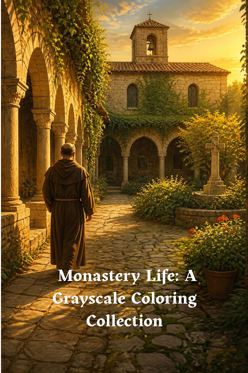 Colorful cover illustration of a monk walking through a sunlit monastery courtyard with cloister arches and a bell tower