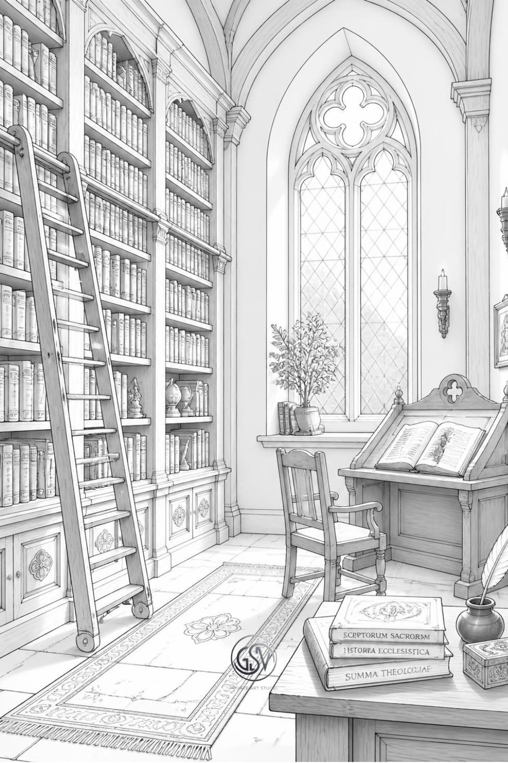 Grayscale coloring page of a monastery library with tall bookshelves, a wooden rolling ladder, and a reading desk by a stained-glass window