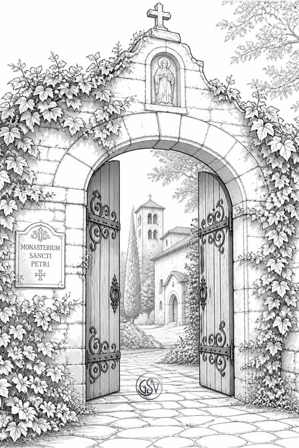 Grayscale coloring page of an ivy-covered monastery gate with an arched wooden door and a view of the bell tower beyond