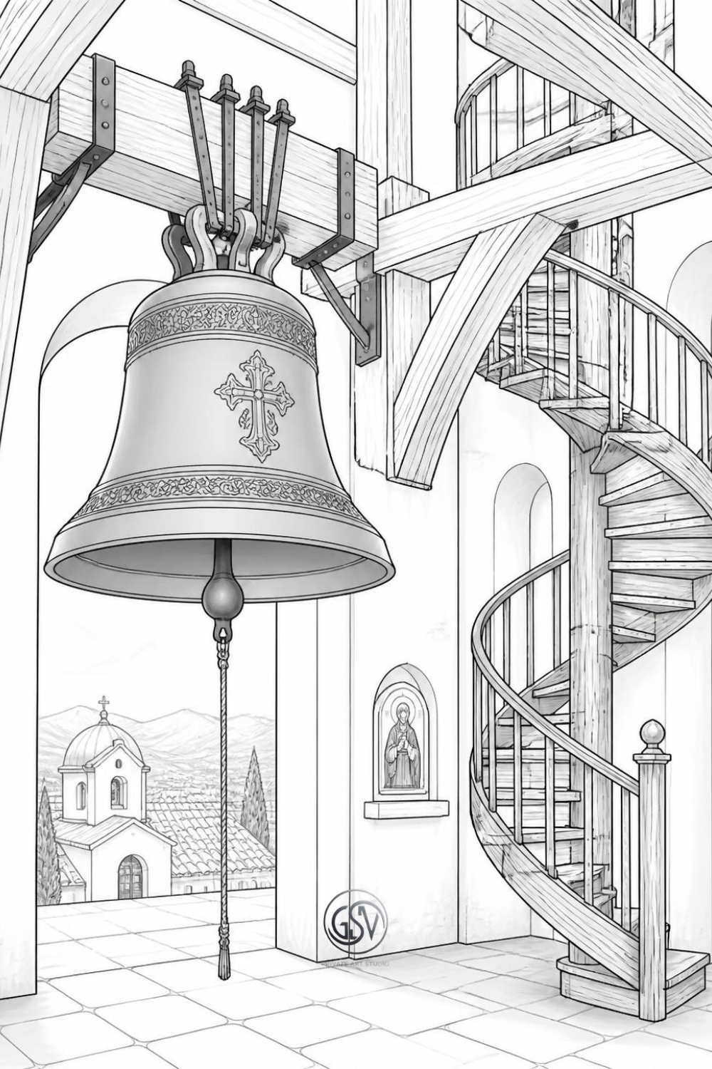Grayscale coloring page of a monastery bell tower interior with a large hanging bell and a wooden spiral staircase