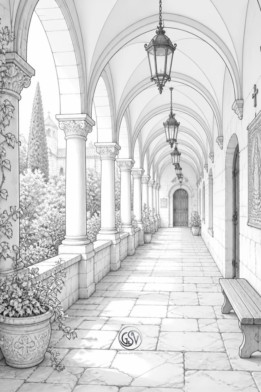 Grayscale coloring page of a monastery cloister corridor with stone arches, hanging lanterns, and a garden view