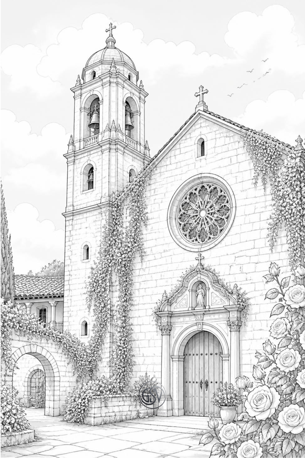 Grayscale coloring page of a monastery facade with a bell tower, a rose window, and ivy climbing the stone walls