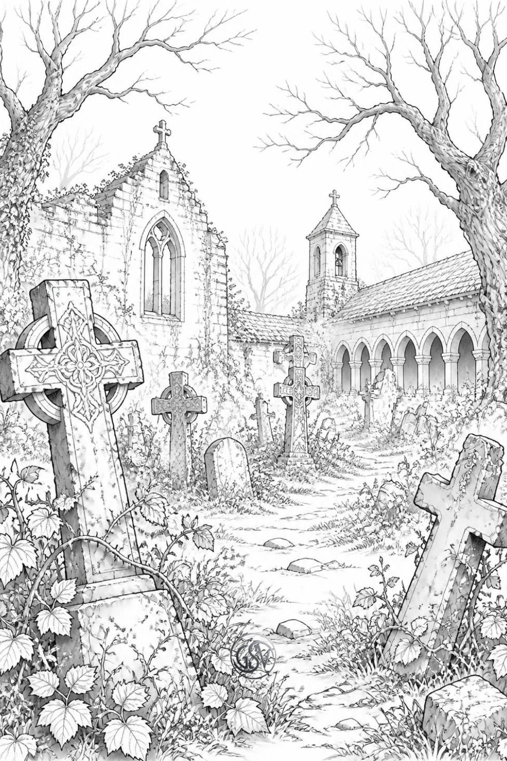 Grayscale coloring page of a forgotten monastery graveyard with weathered Celtic crosses, bare trees, and overgrown ivy