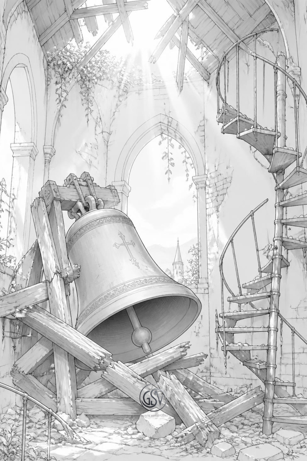 Grayscale coloring page of a ruined bell tower interior with a fallen bell, broken beams, and a collapsed spiral staircase
