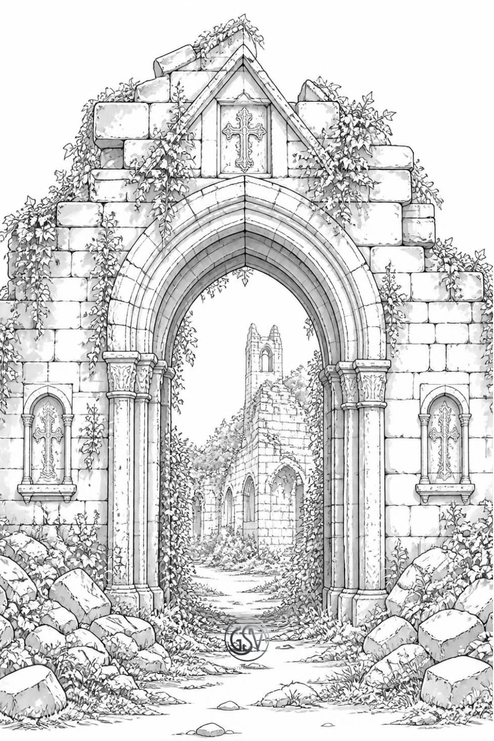 Grayscale coloring page of a crumbling stone monastery archway covered in ivy with ruins visible beyond