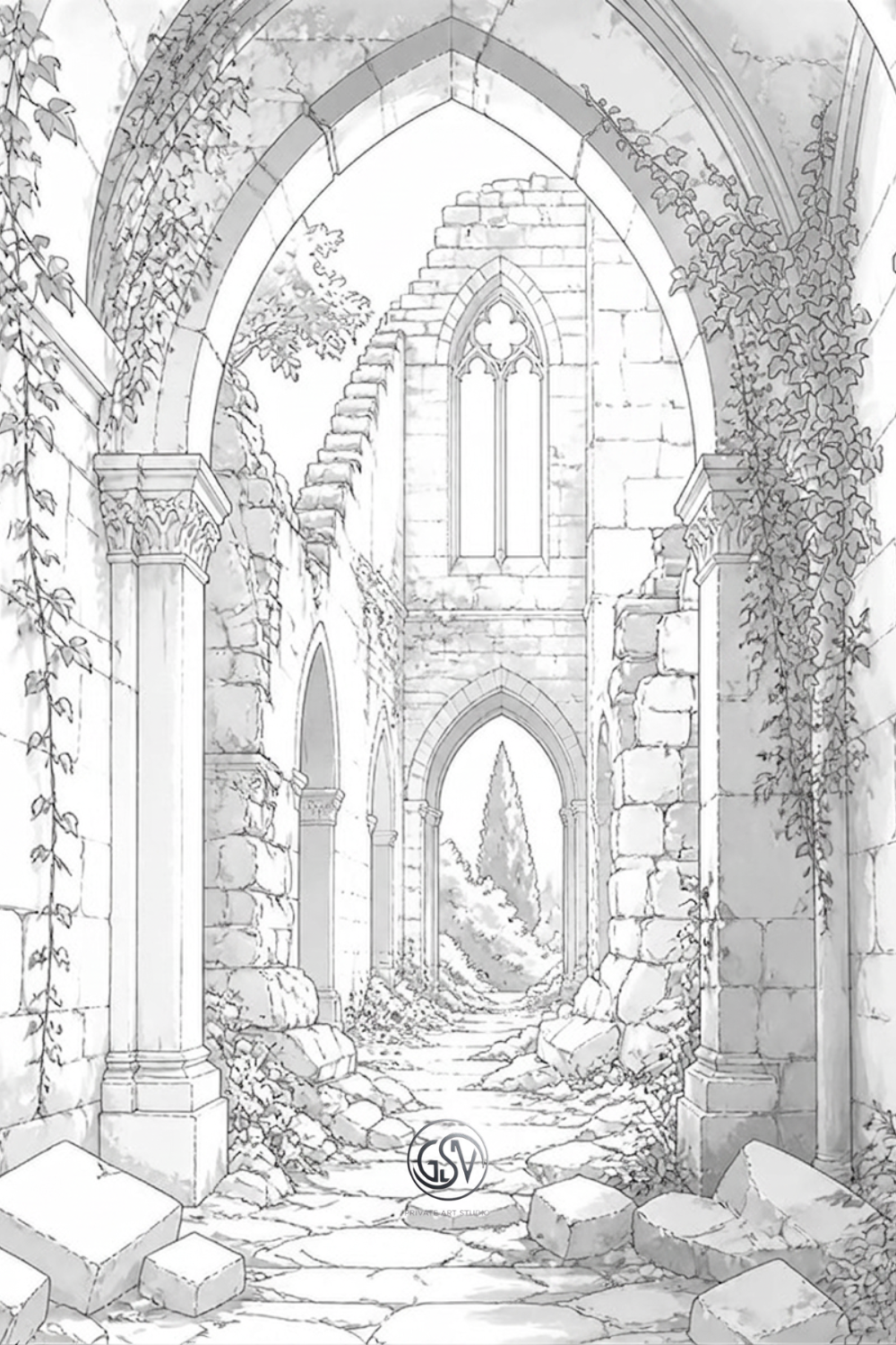 Grayscale coloring page of a crumbling monastery corridor with broken stone arches, rubble, and trailing ivy