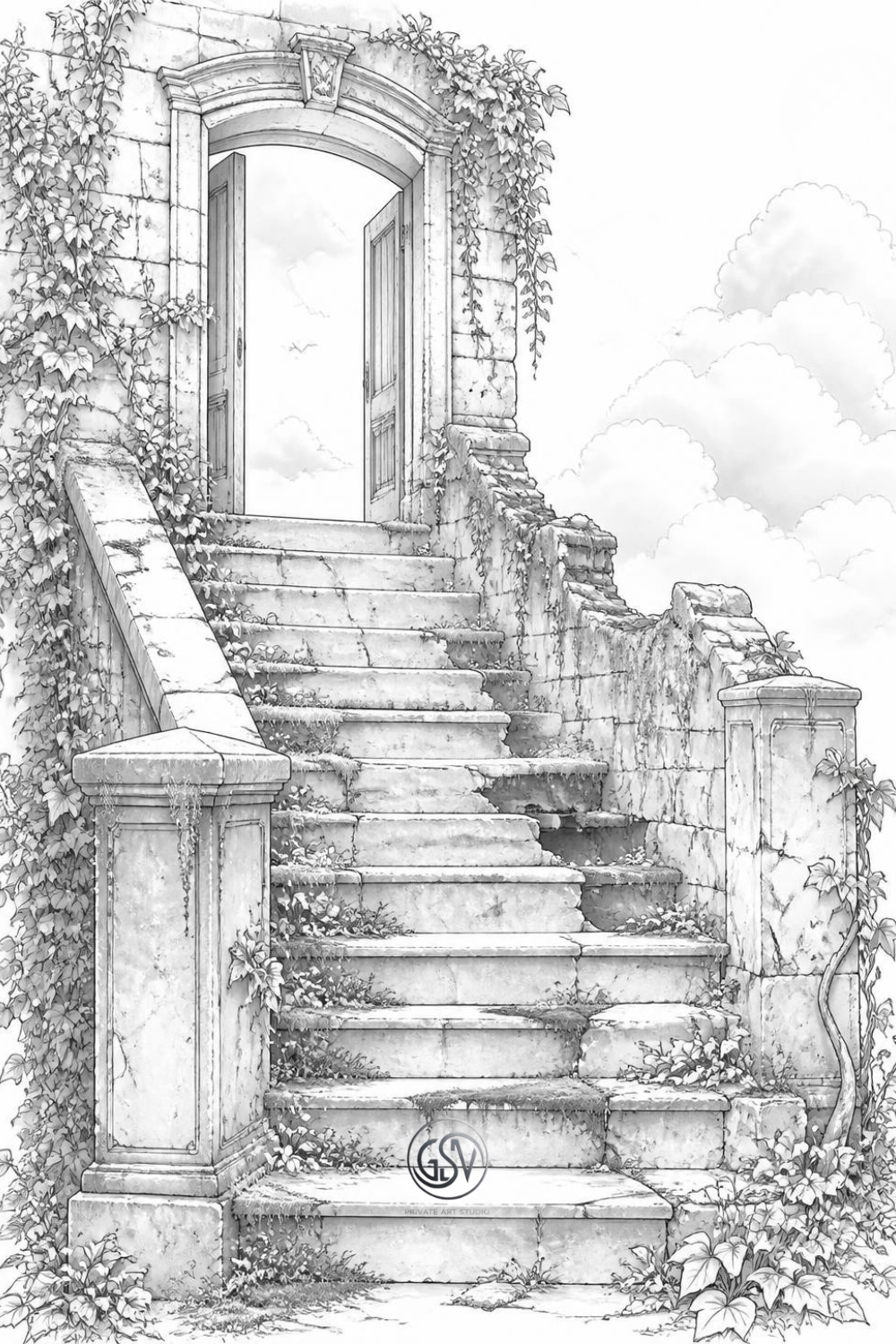 Grayscale coloring page of a crumbling monastery staircase leading to a doorway open to the sky, covered in ivy and moss