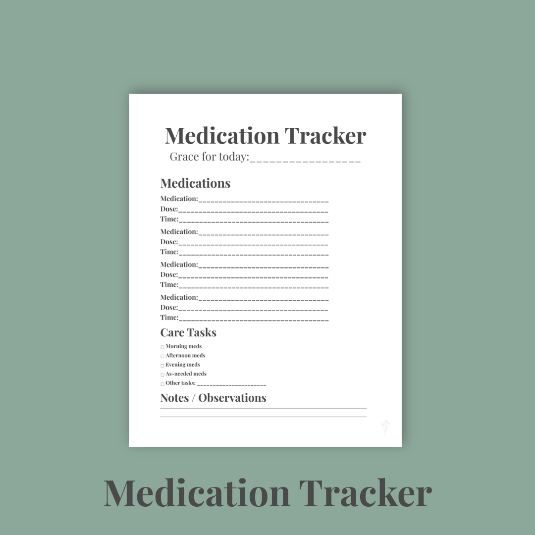 Styled caregiver medication tracker printable with botanical accents.