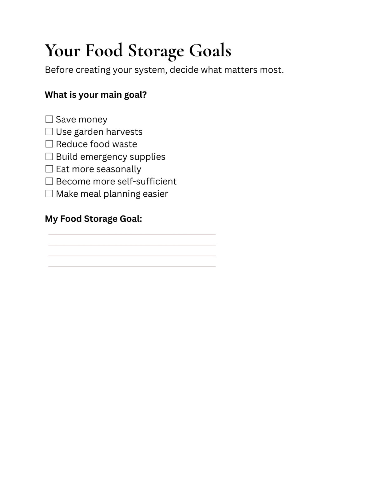 Food Storage Systems for Beginners printable workbook for organizing pantry supplies and creating a practical food storage plan.