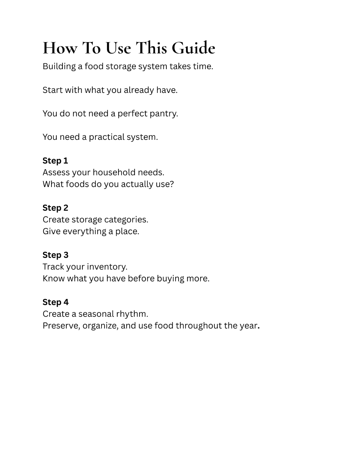Printable food storage systems guide for beginners with pantry organization, inventory tracking, and household preparedness worksheets.