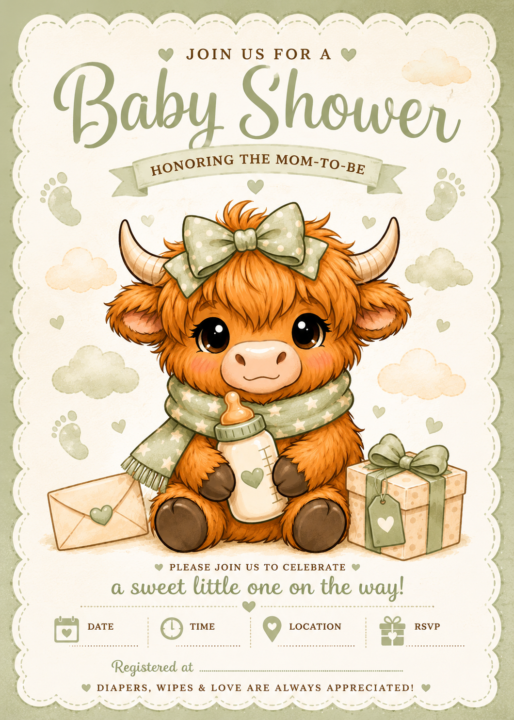 Cute printable Highland Cow Baby Shower Invitation featuring a fluffy chibi Highland cow named Bella Moo with a sage green bow and scarf, baby bottle, gift box, watercolor clouds, baby footprints, and a gender-neutral baby shower design.