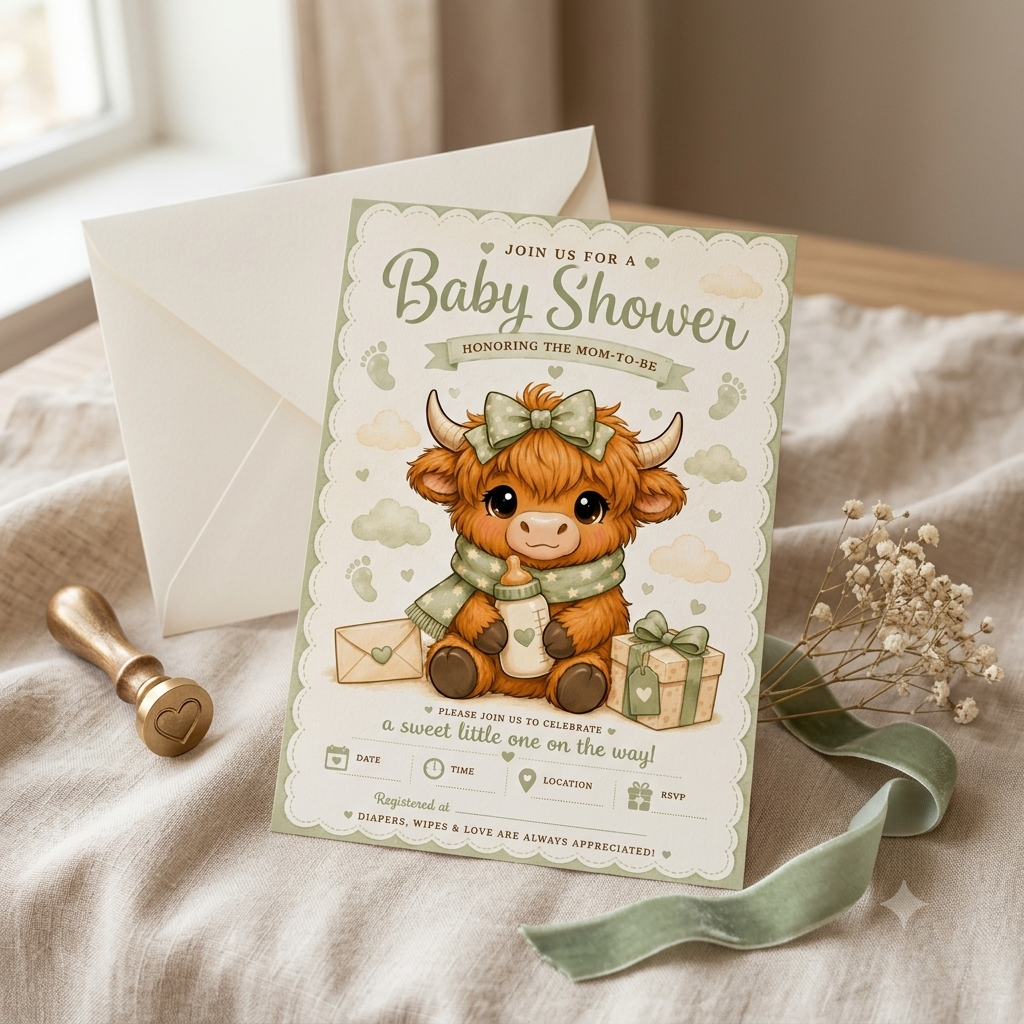 * highland cow baby shower * baby shower invitation * printable invitation * gender neutral baby shower * sage green baby shower * rustic baby shower * farm baby shower * baby sprinkle * digital invitation * watercolor baby shower * chibi highland cow * w