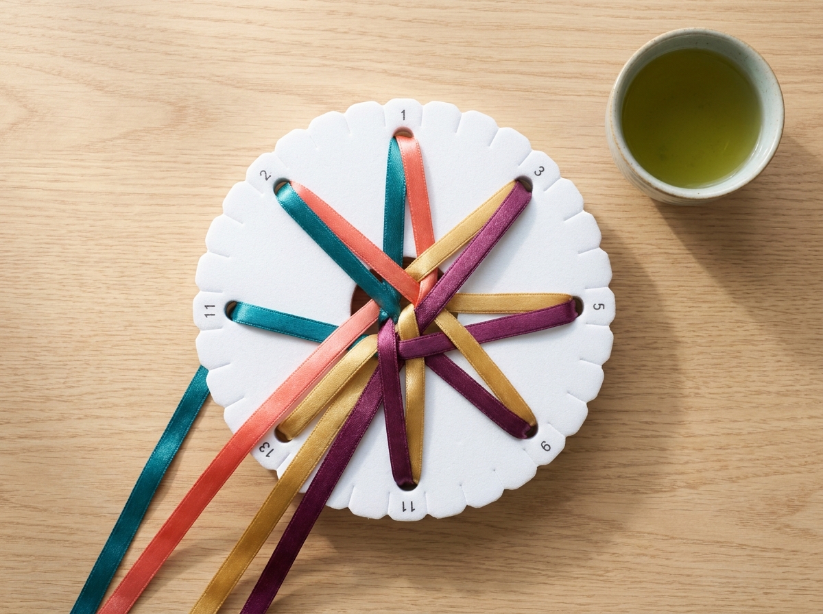 Overhead view of a white foam Kumihimo disk threaded with colorful satin cords on a wooden table, illustrating the simple, beginner-friendly setup for Japanese braiding.
