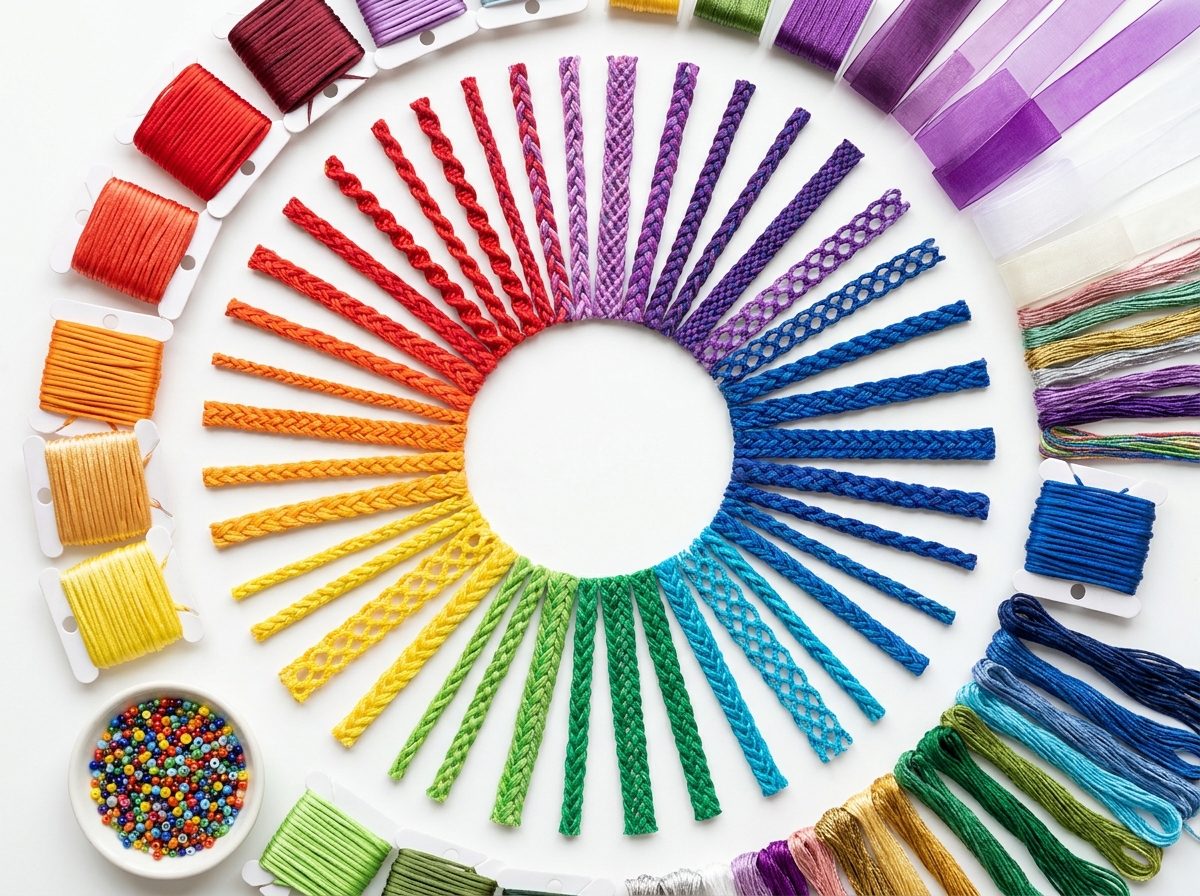 Rainbow arrangement of Kumihimo braid samples surrounded by spools of cord, ribbon, and beads, showing the wide variety of patterns and materials beginner braiders can explore.