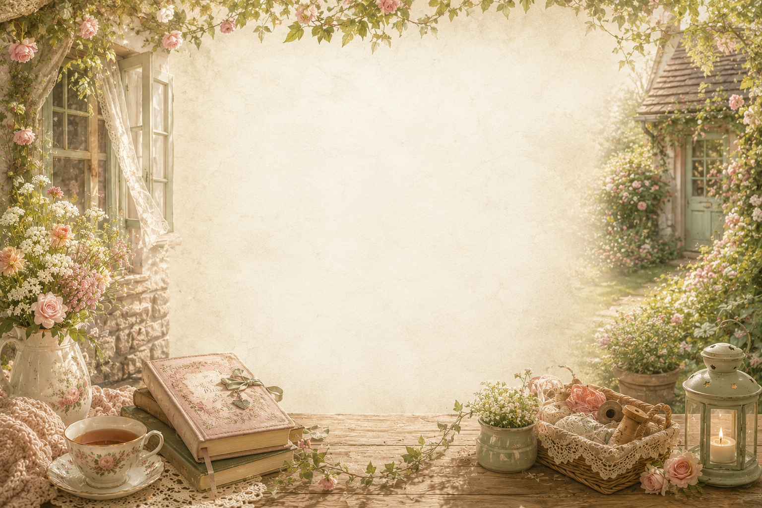 A warm cottagecore background featuring a cozy writing and crafting space with a vintage teacup, books, journals, flowers, lace, sewing supplies, and a soft English cottage garden. A light parchment-style center provides space for text, creating a peaceful atmosphere that reflects storytelling, creativity, books, journaling, and handmade crafts.
