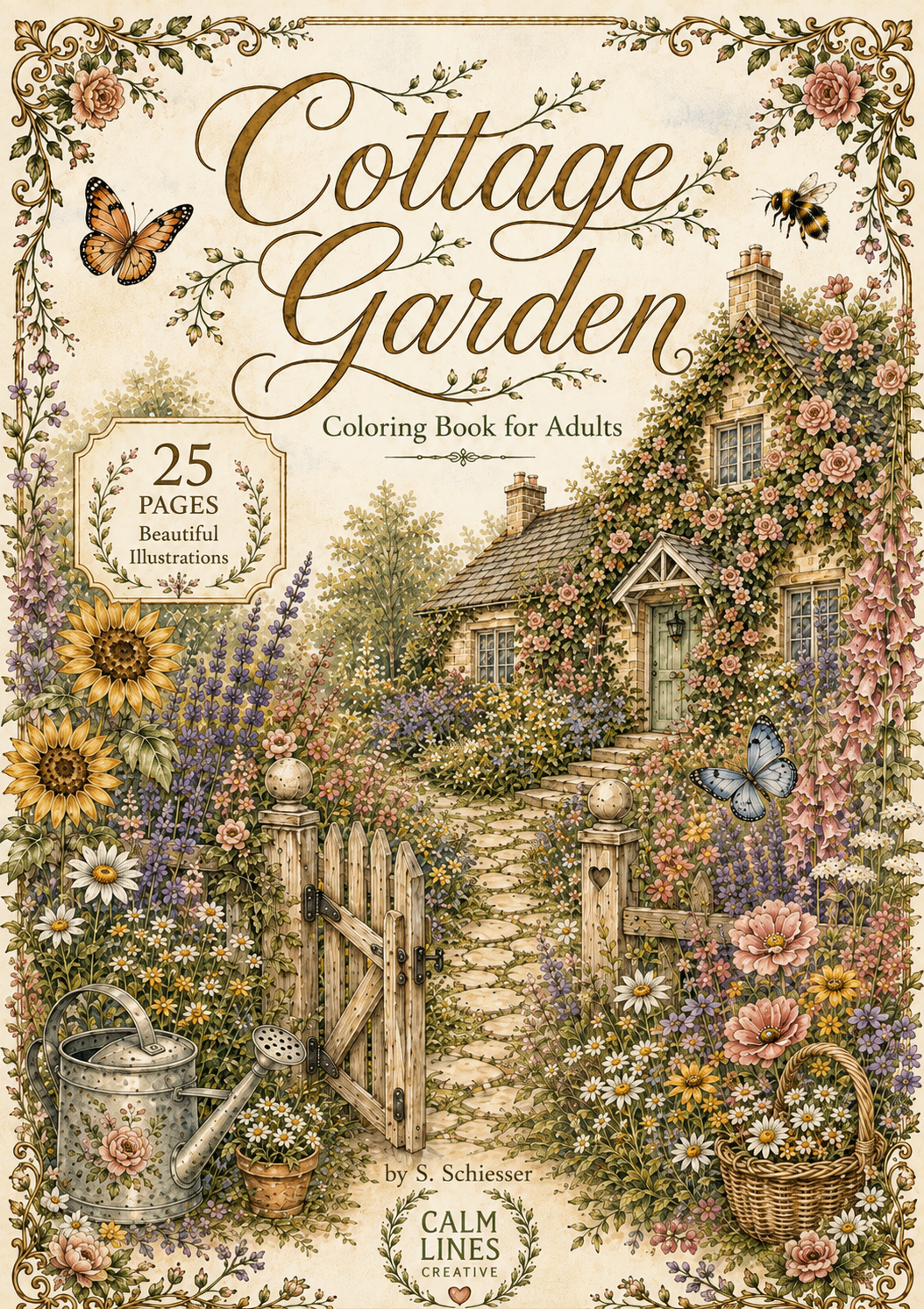 Cottage Garden Coloring Book for Adults cover with English cottage and garden path illustration