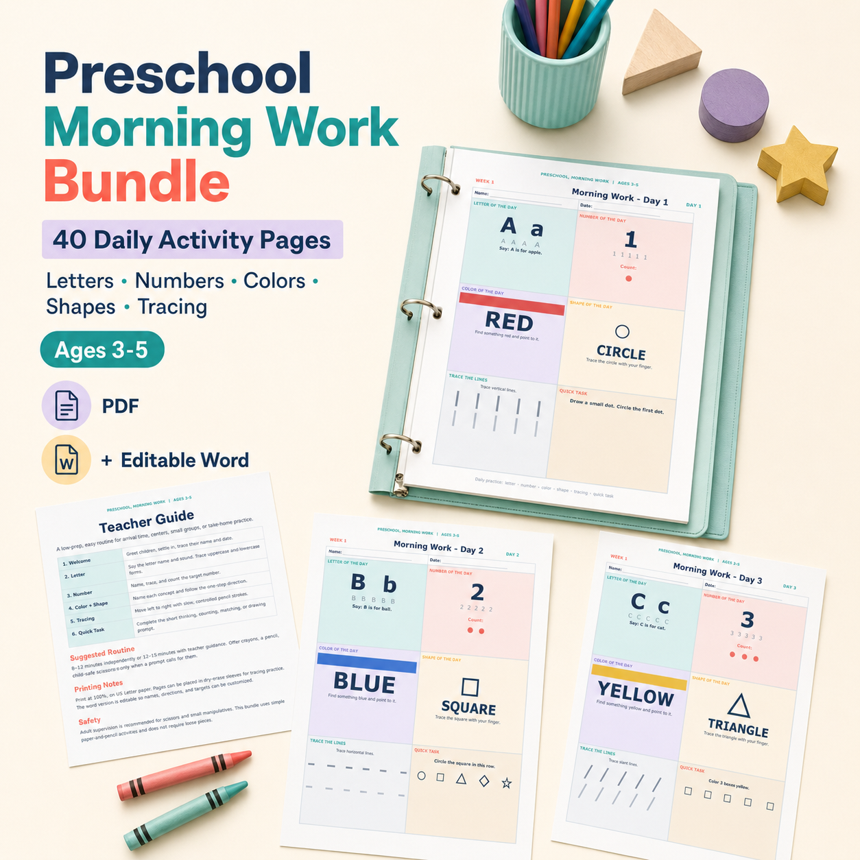 Preschool Morning Work Bundle - 40 Daily Worksheets for Ages 3-5