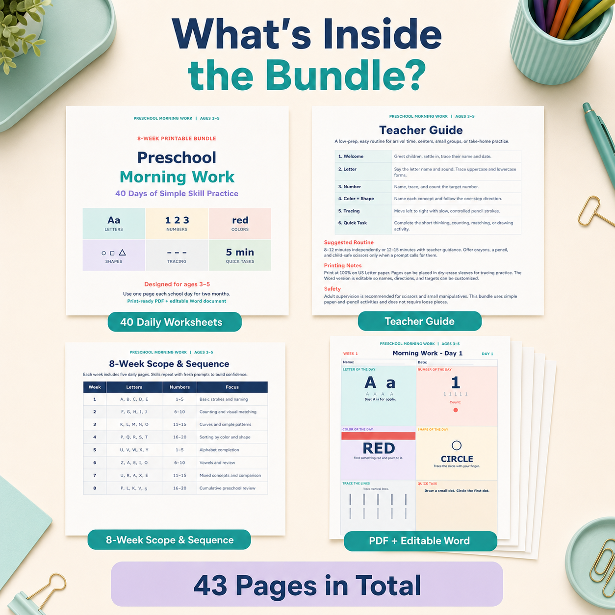 Preschool Morning Work Bundle - 40 Daily Worksheets for Ages 3-5