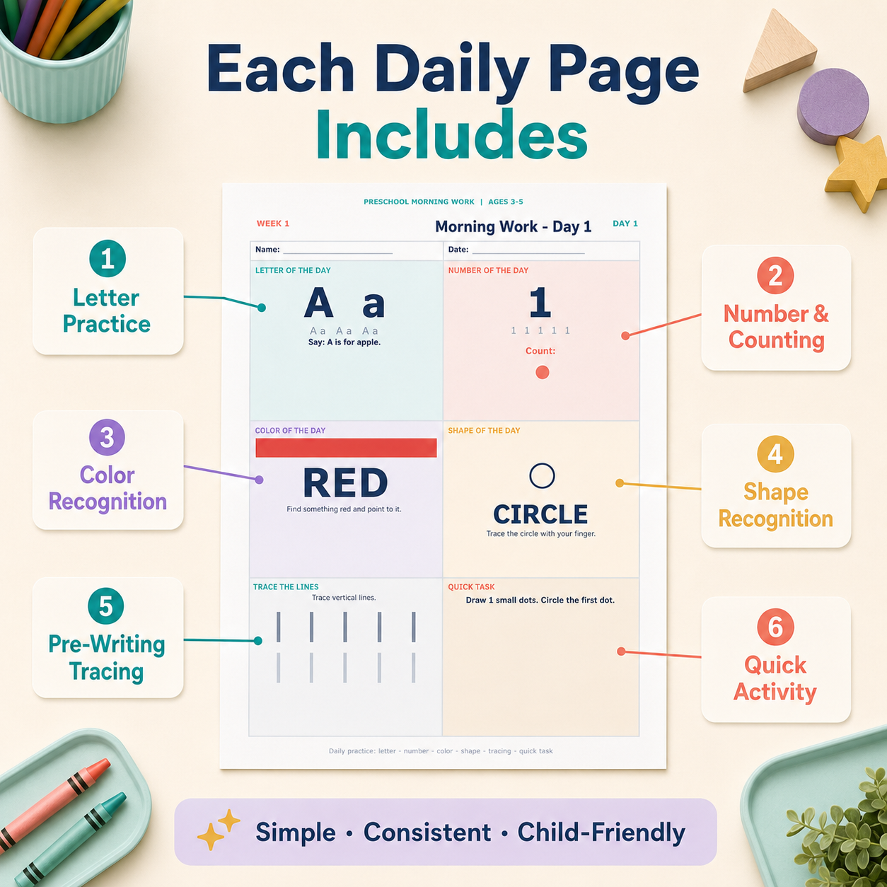 Preschool Morning Work Bundle - 40 Daily Worksheets for Ages 3-5