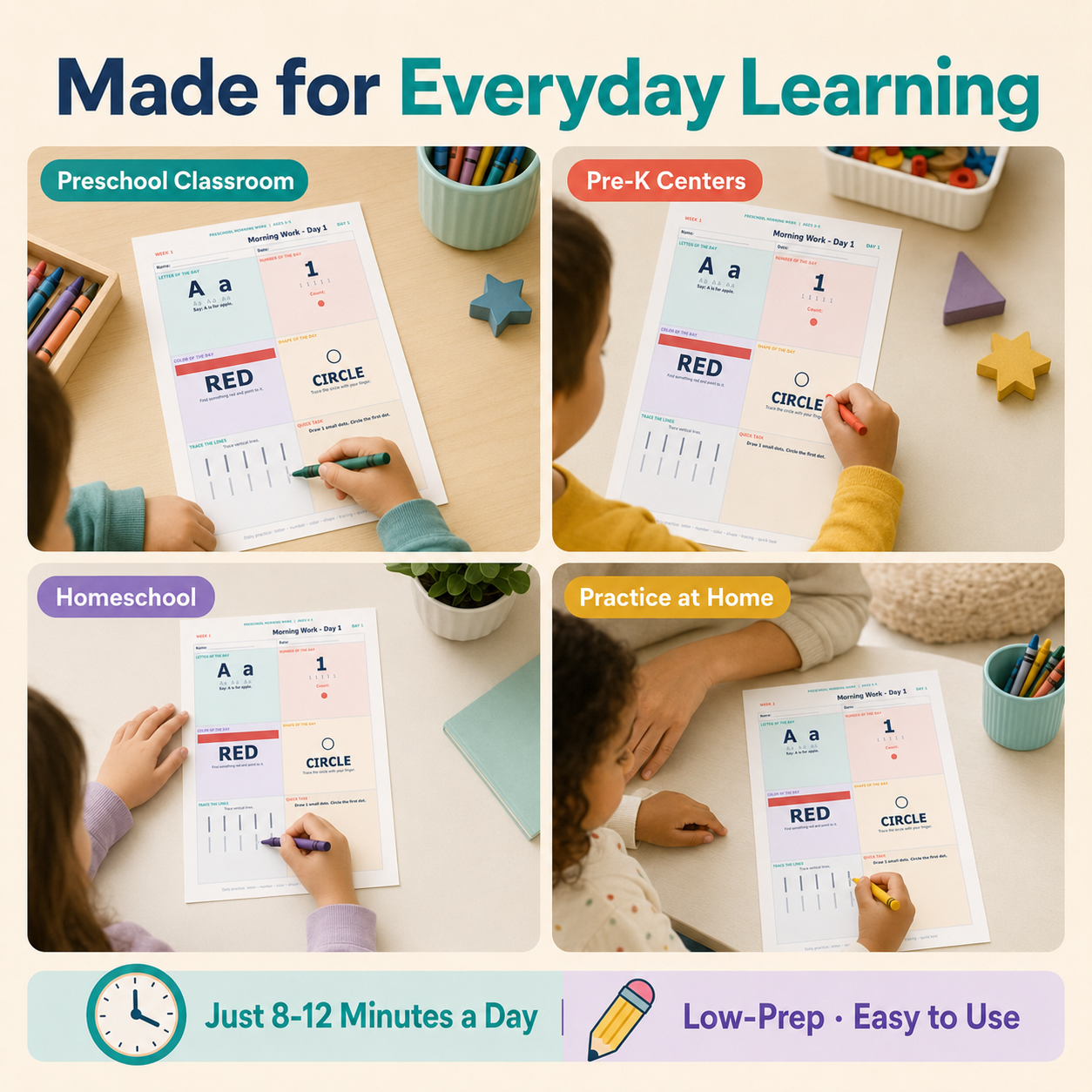 Preschool Morning Work Bundle - 40 Daily Worksheets for Ages 3-5