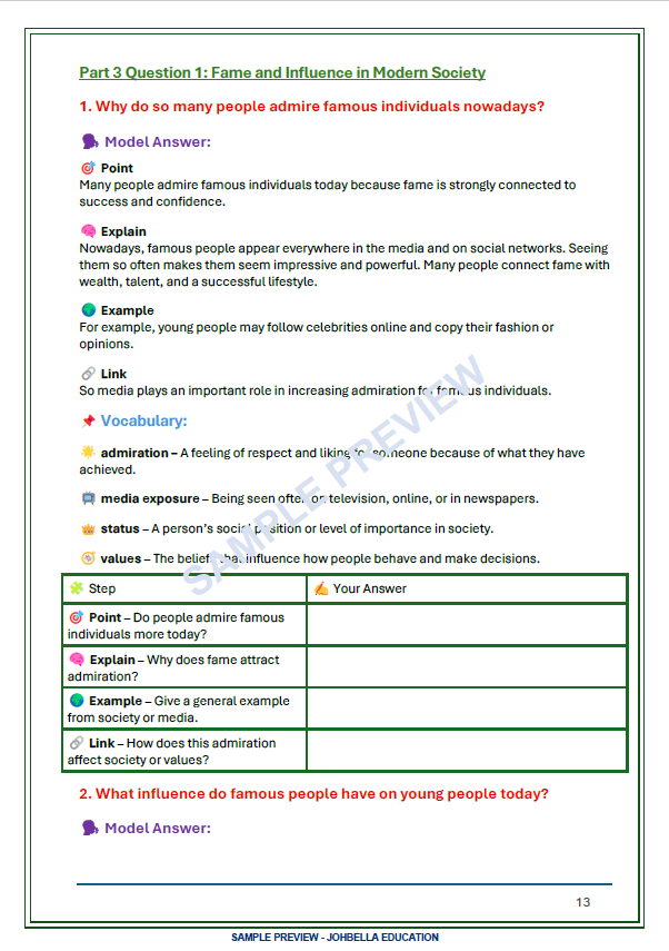 IELTS Speaking Part 3 question on fame and influence with a model answer, useful vocabulary and guided answer framework from the Chinese Edition workbook