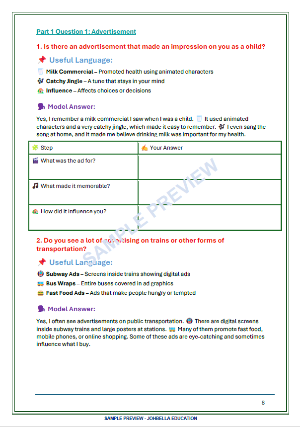 IELTS Speaking Part 1 advertisement questions with useful language, model answers and guided practice from the Chinese Edition workbook