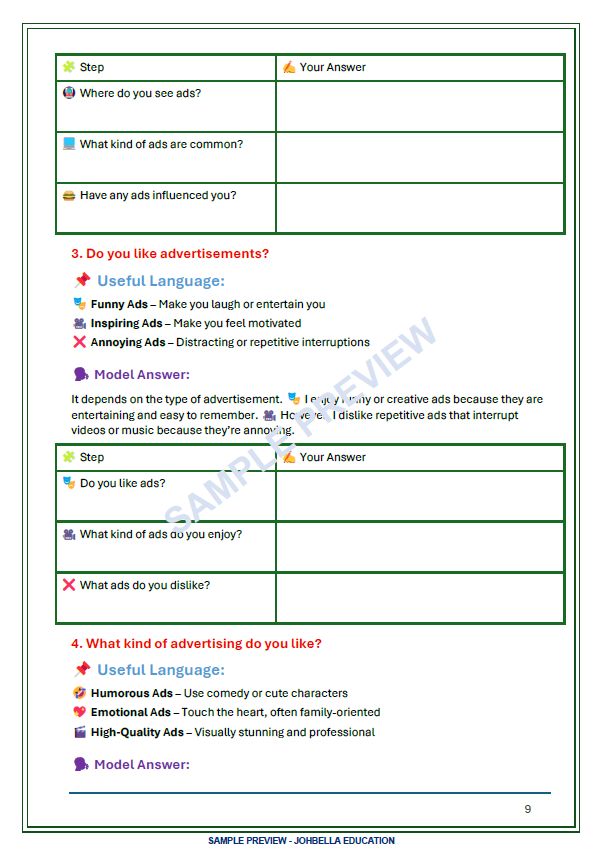 IELTS Speaking Part 1 advertisement practice page with useful language, model answers and guided answer tables from the Chinese Edition workbook