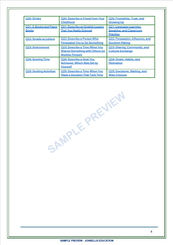 Additional IELTS Speaking topics from the Chinese Edition workbook table of contents, covering Parts 1, 2 and 3