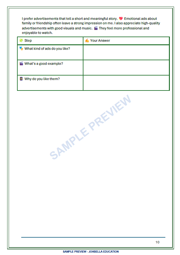IELTS Speaking Part 1 advertisement practice with guided answer questions from the Chinese Edition workbook