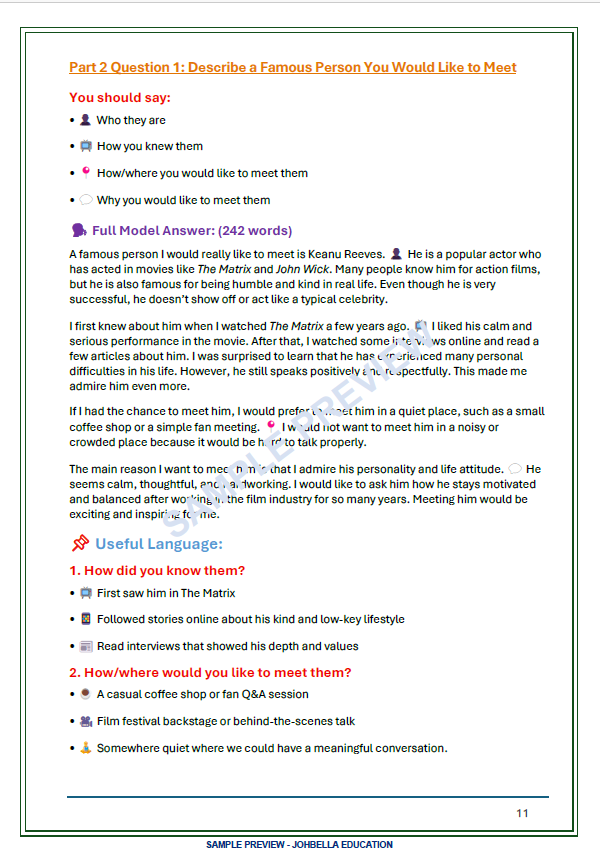 IELTS Speaking Part 2 famous person cue card with a full model answer, useful language and guided speaking prompts from the Chinese Edition workbook