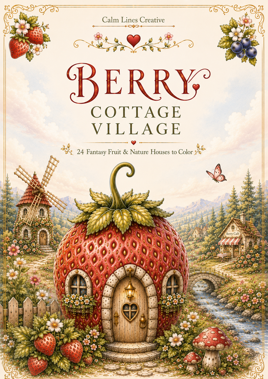 Berry Cottage Village coloring book cover with magical strawberry cottage, whimsical fruit houses, cottagecore fantasy, printable PDF for adults, 24 coloring pages.