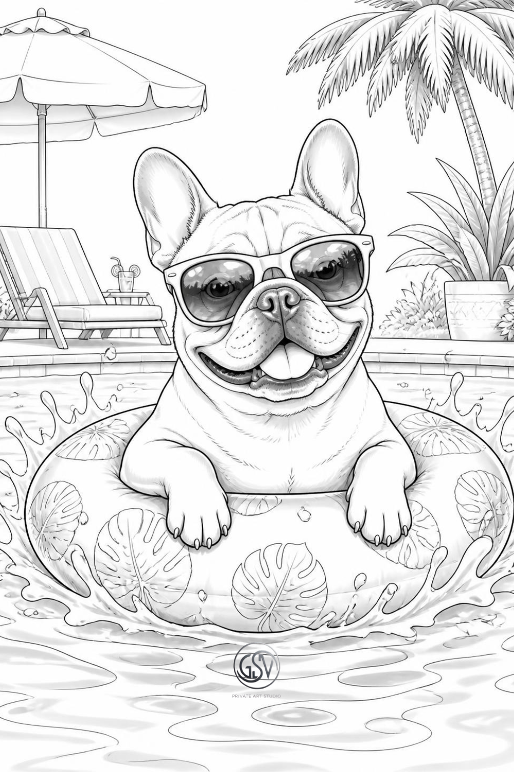 French Bulldog wearing sunglasses in pool inner tube, grayscale coloring page, printable summer dog coloring pages for adults, PDF instant download