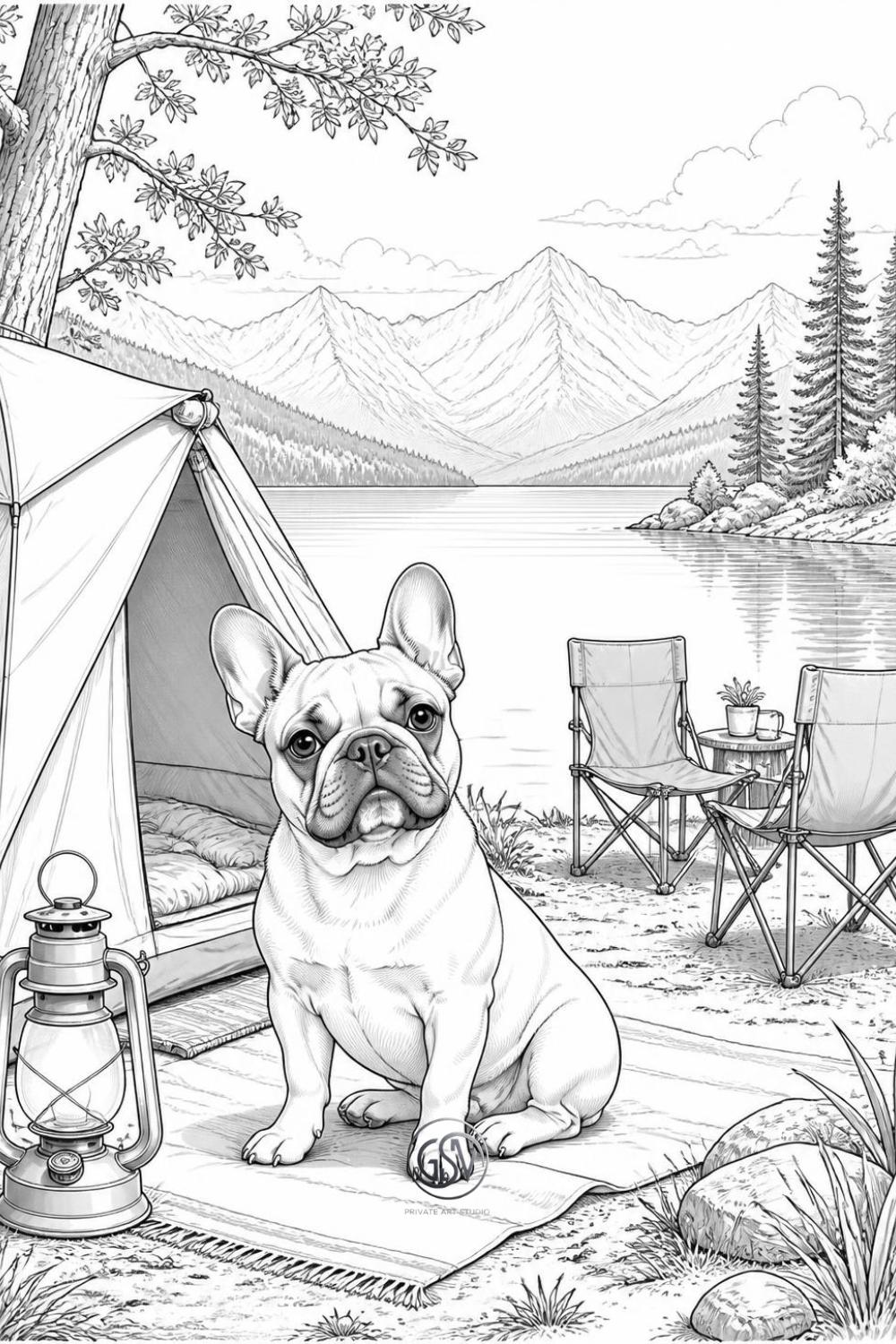 French Bulldog sitting by campsite tent near mountain lake, grayscale coloring page, printable summer dog coloring pages for adults