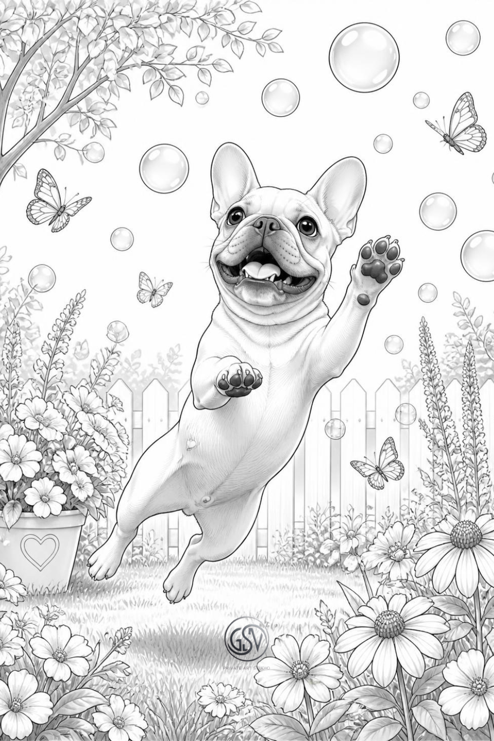French Bulldog jumping to catch soap bubbles in garden with butterflies, grayscale coloring page, printable summer dog coloring pages for adults