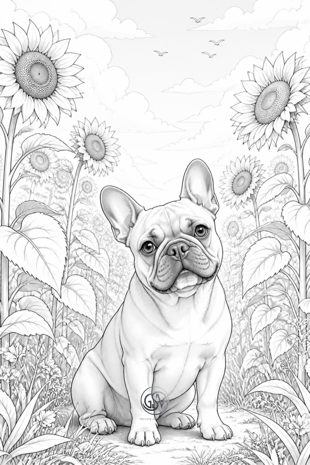 French Bulldog sitting in sunflower field, grayscale coloring page, printable summer dog coloring pages for adults, PDF download