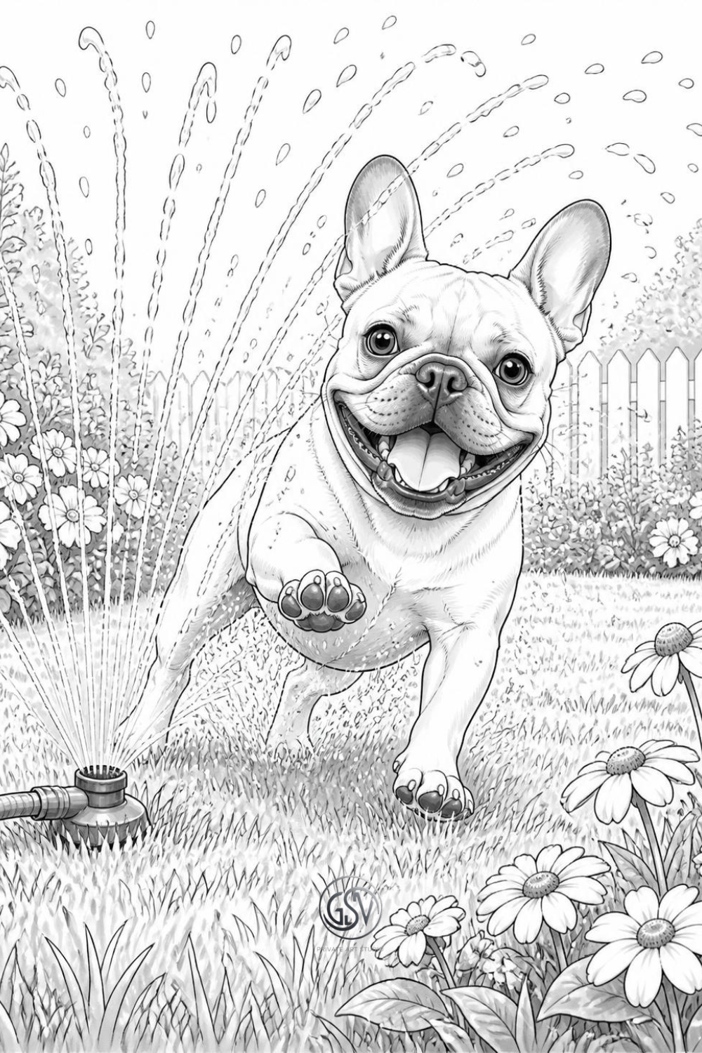 French Bulldog playing in garden sprinkler with daisies, grayscale coloring page, printable summer dog coloring pages for adults